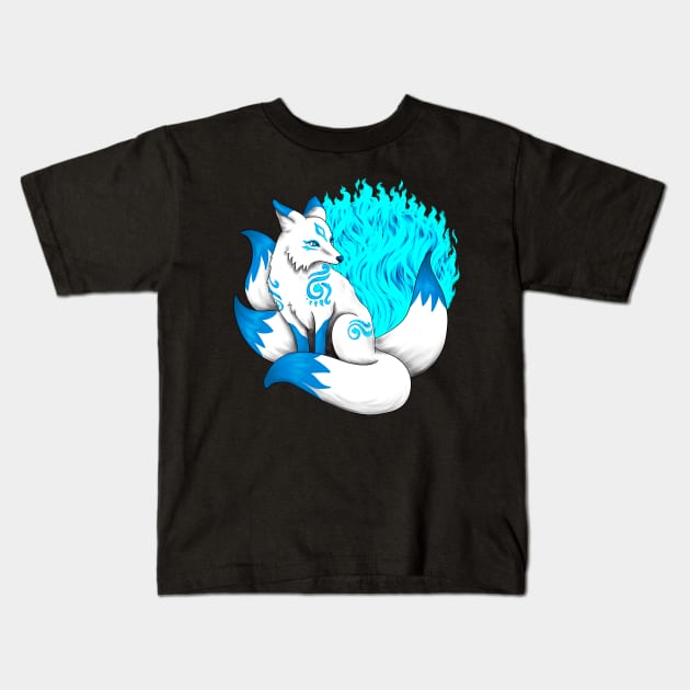 Aqua Blue Kitsune Fox Kids T-Shirt by Lady Lilac